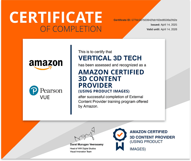 Amazon Certified 3D Content Provider certificate for Vertical 3D Tech